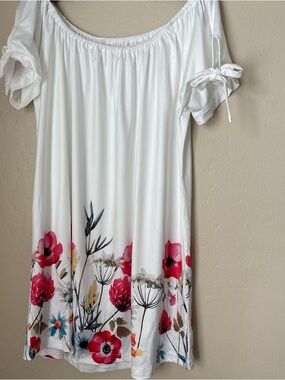 White Floral Off-Shoulder Dress with Pink & Red Blooms